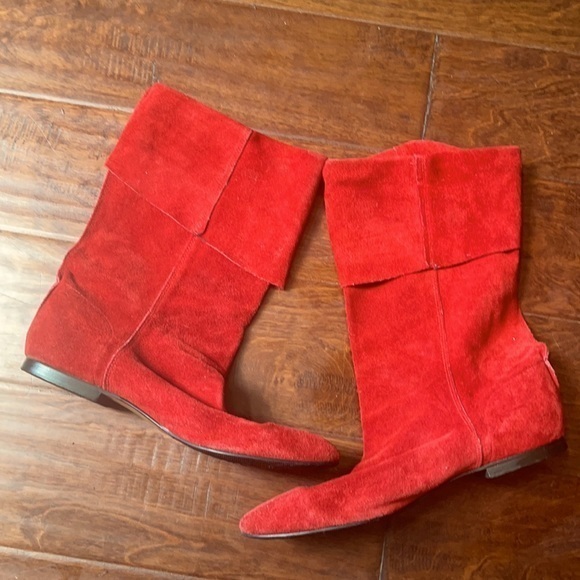 Vintage Red leather boots flats round toe soft folded or unfolded tall boots - Picture 1 of 8